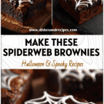 Fudgy Halloween Spiderweb Brownies topped with white icing webs as spooky Halloween sweets for a gothic party.